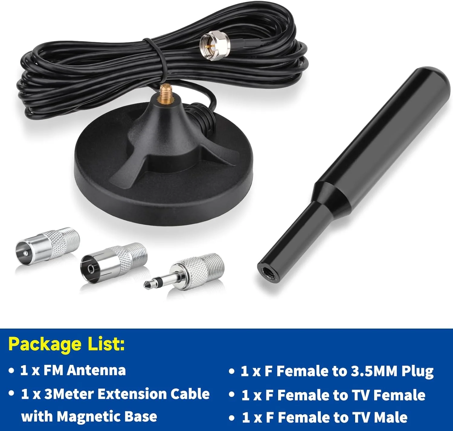 آنتن رادیویی FM بینگفو، آنتن داخلی رادیو با پایه مغناطیسی، کابل افزایش طول 3 متری، آداپتور نر نوع F 75 اهم برای تیونر رادیویی داخلی، سیستم صوتی و تصویری AV، گیرنده سینمای خانگی، انتخابگر بلندگو، سیستم موسیقی