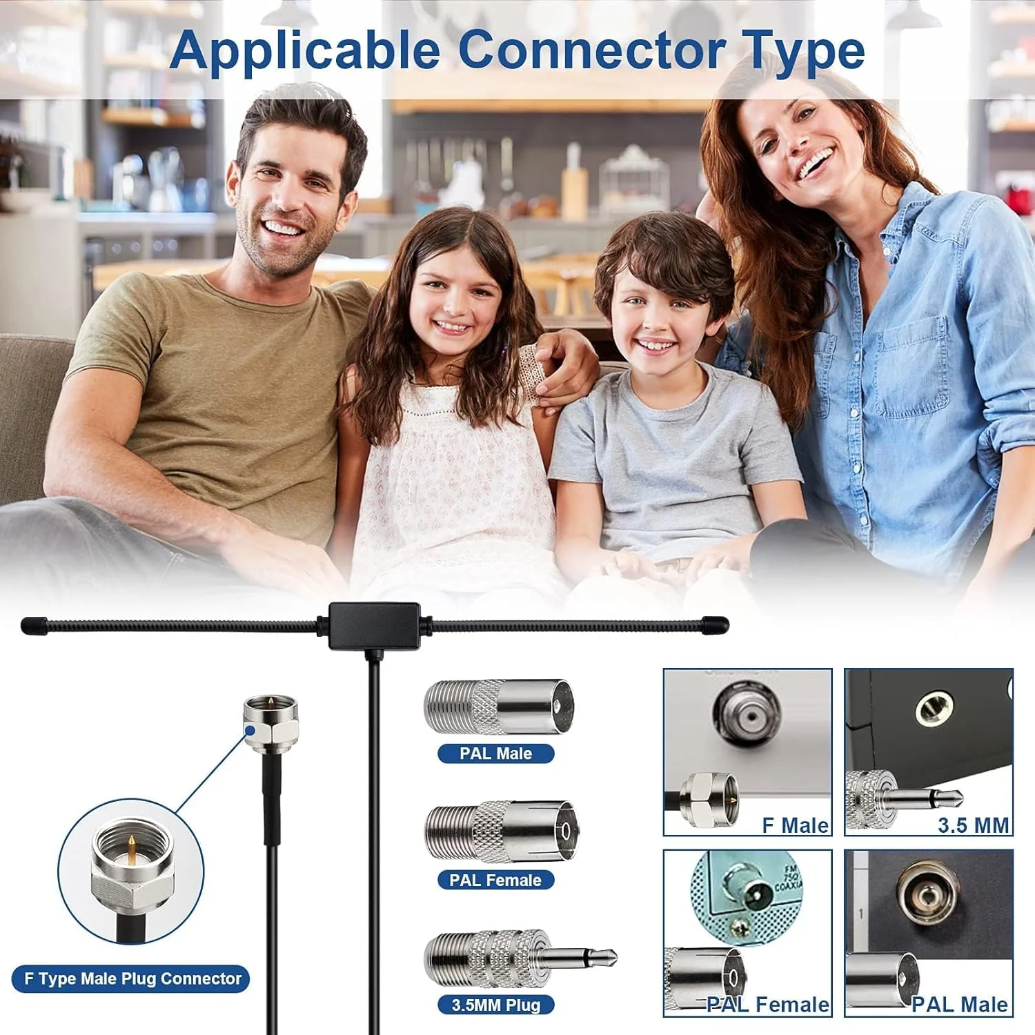 آنتن رادیویی FM DAB آزون، آنتن دوقطبی 75 اهم با پلاگ نوع F، کابل افزایش طول 3 متری، کیت آنتن گیرنده استریو داخلی با اتصالات جهانی برای سیستم موسیقی خانگی، تلویزیون، گیرنده صوتی AV