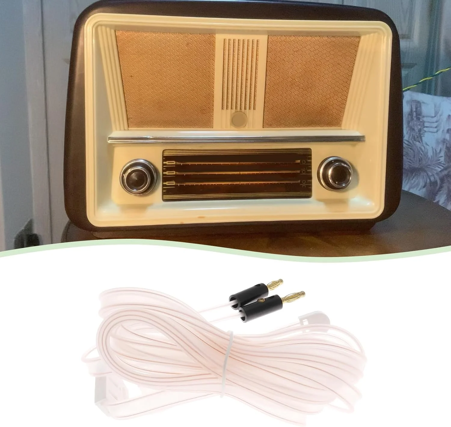 آنتن دوقطبی FM با دوشاخه موزی، بال افقی 2 عدد 74 سانتی متری، خروجی عمودی 159 سانتی متری برای رادیوهای لامپی معمولی با ورودی 240/300 اهم، آنتن گیرنده دوقطبی FM