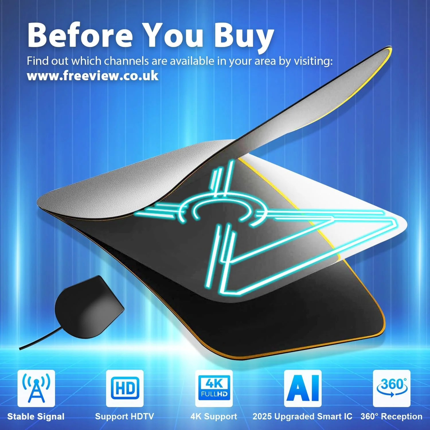 آنتن تلویزیون داخلی Bigefeixu برای Freeview – برد بلند بیش از 418 کیلومتر، پشتیبانی از کیفیت 4K/1080p HD، سیگنال VHF/UHF، سازگار با تمام تلویزیون‌ها، کابل کواکسیال 5 متری