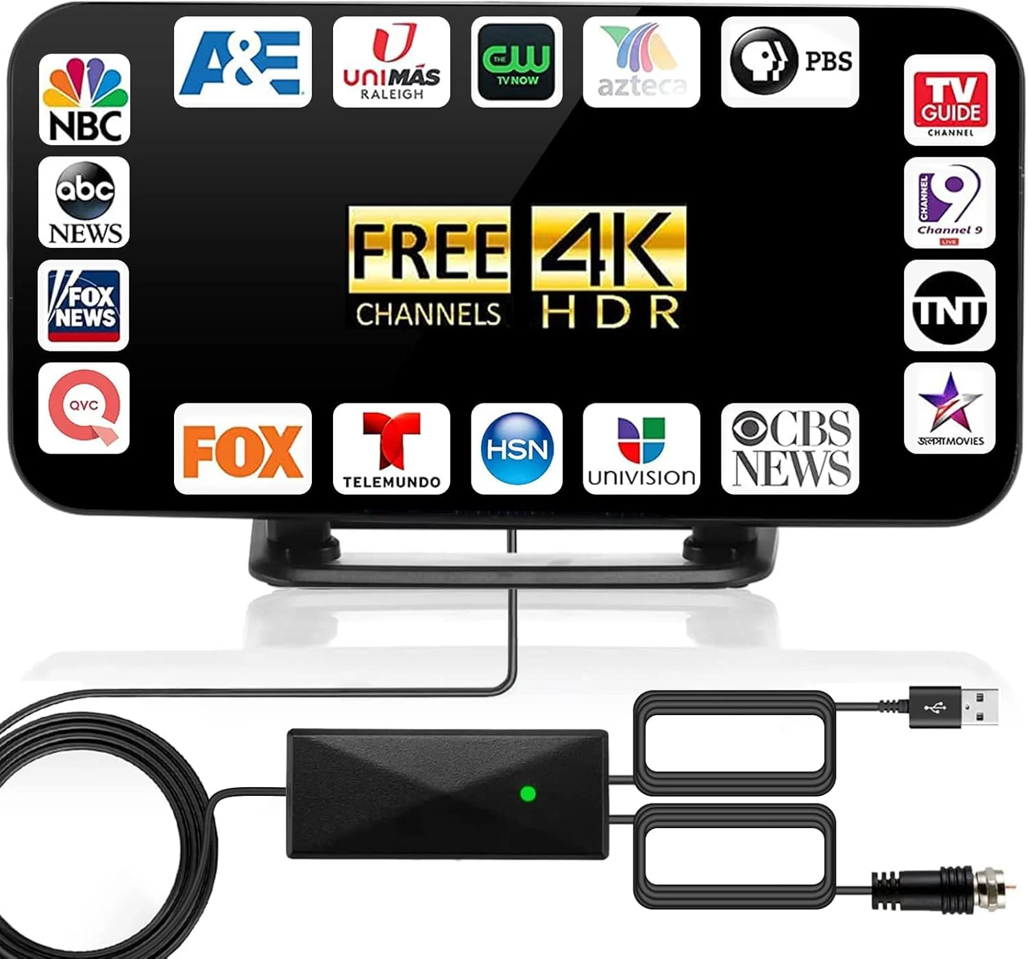 آنتن تلویزیون دیجیتال HD داخلی AVNICUD - برد بلند 350 مایل با تقویت کننده داخلی، کابل کواکسیال بلند 32.8 فوتی، پشتیبانی از تمام تلویزیون ها، برای کانال های محلی رایگان 4K HD 1080P VHF UHF