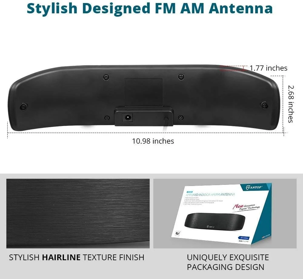 آنتن رادیویی ANTOP، آنتن داخلی تقویت شده AM FM با برد 50 مایل، دریافت چند جهته برای سیگنال های صوتی رادیو استریو، تقویت کننده سیگنال داخلی و فیلتر 4G LTE، طراحی فوق العاده باریک و ساده