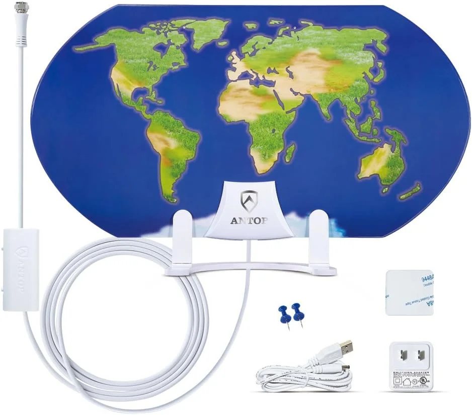 آنتن تلویزیون ANTOP، آنتن تلویزیون HD تقویت شده با طراحی سه بعدی ANTOP، برد دریافت همه جهته 55 مایل داخلی با کابل کواکسیال 10 فوتی با کارایی بالا