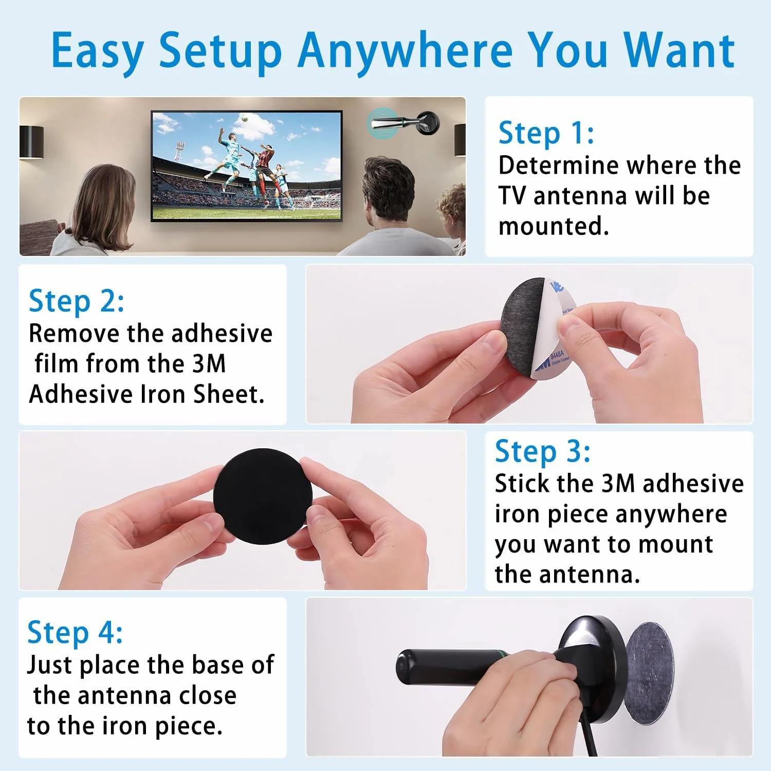 آنتن ATVFuture برای تلویزیون هوشمند، آنتن تلویزیون دیجیتال با پایه مغناطیسی قوی و آنتن فویل آهنی برای تلویزیون های داخلی برای نصب آسان، آنتن HD با برد بلند برای تلویزیون های داخلی 4