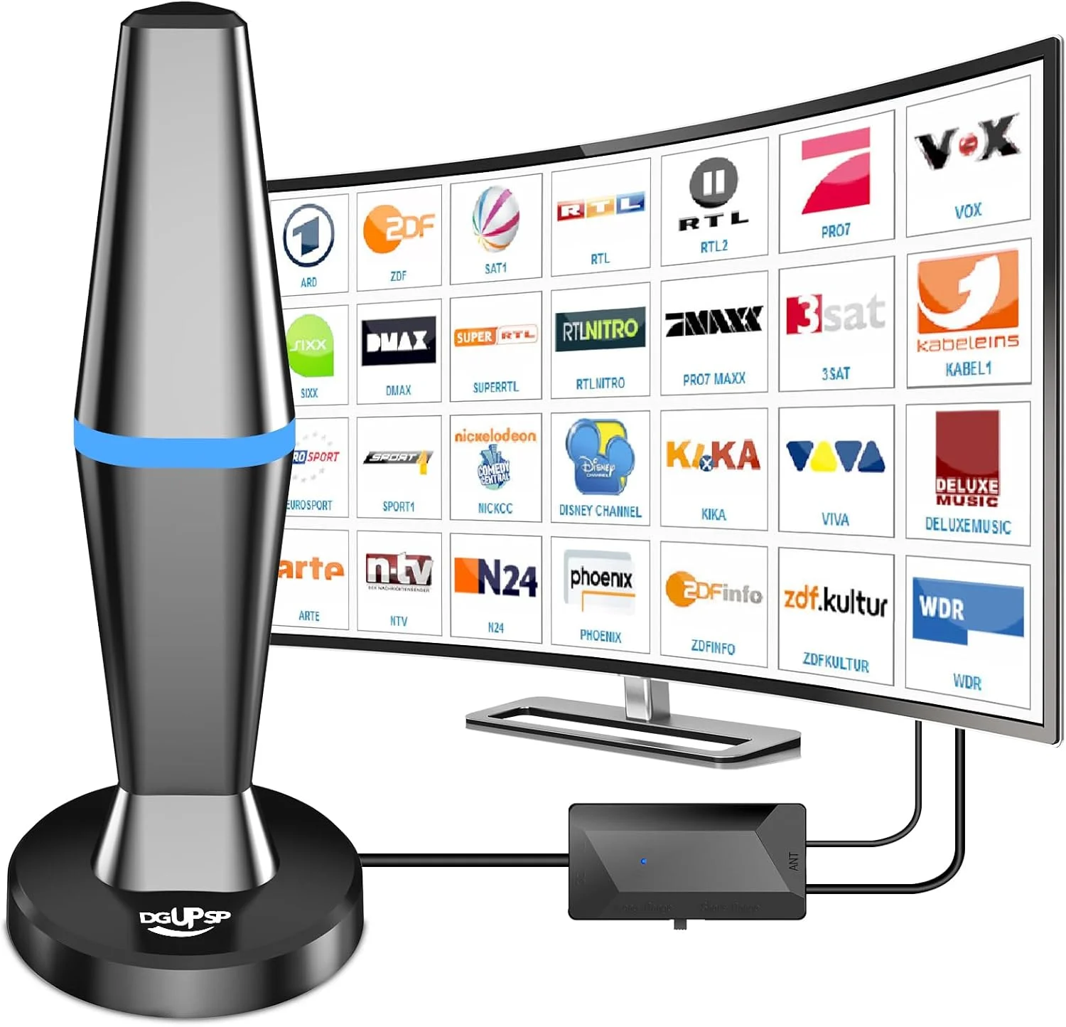 آنتن DVBT2، آنتن داخلی 2025 DVB-T و DVB-T2 با تقویت کننده، برد بلند و دریافت 360 درجه، آنتن داخلی برای تلویزیون ها با پایه مغناطیسی قوی، مناسب برای 4K 1080p و همه تلویزیون ها