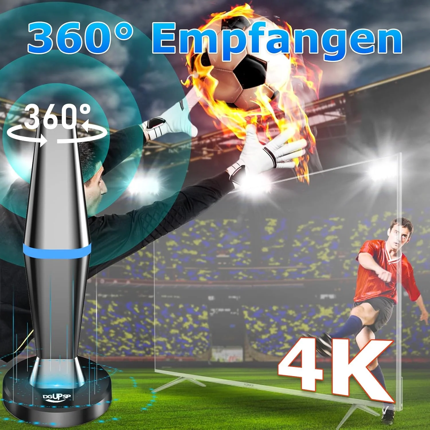 آنتن DVBT2، آنتن داخلی 2025 DVB-T و DVB-T2 با تقویت کننده، برد بلند و دریافت 360 درجه، آنتن داخلی برای تلویزیون ها با پایه مغناطیسی قوی، مناسب برای 4K 1080p و همه تلویزیون ها