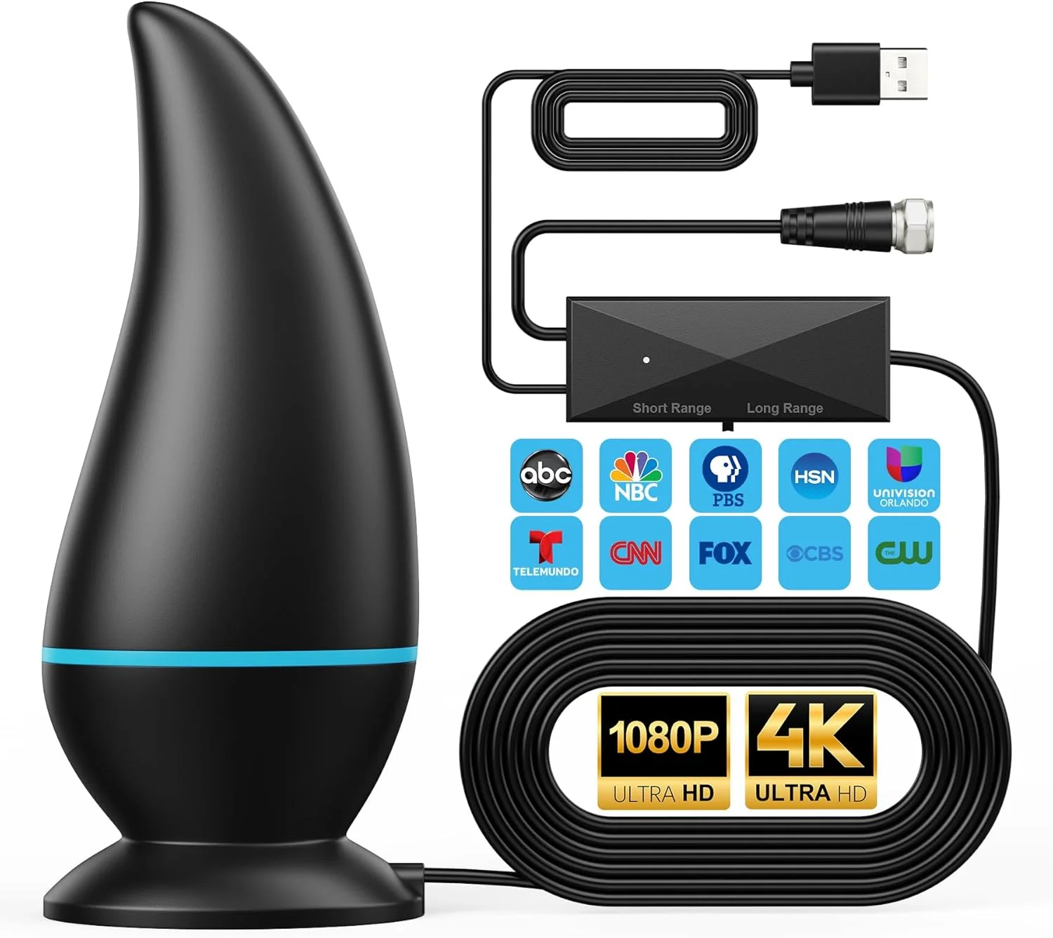 آنتن تلویزیون داخلی با برد بلند، پشتیبانی از آنتن 4K 1080p برای تلویزیون هوشمند، دریافت سیگنال 360 درجه، آنتن تلویزیون دیجیتال با تقویت کننده سیگنال، کابل کواکسیال 13 فوتی HDTV