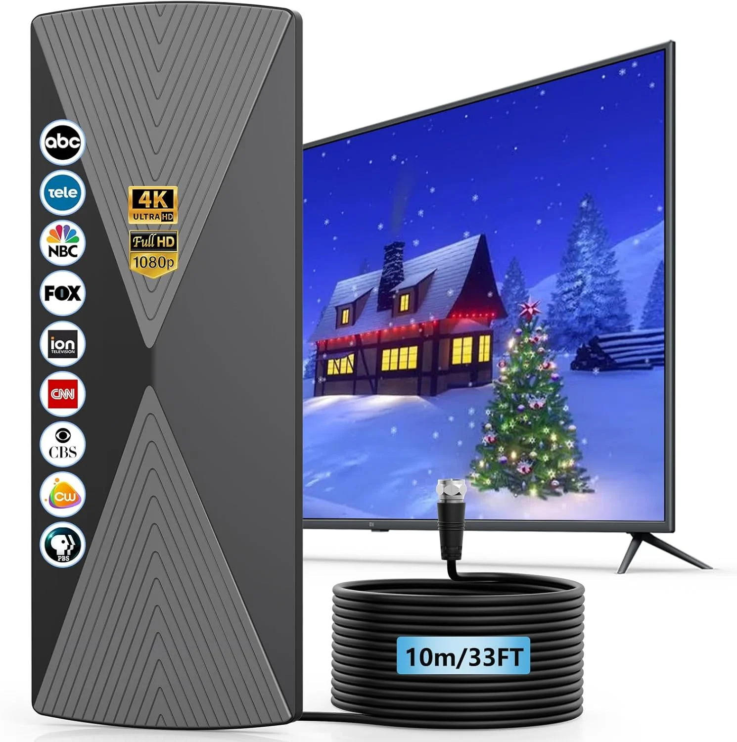 آنتن تلویزیون 2025، آنتن تلویزیون دوربرد 1200+ مایل، آنتن تلویزیون دیجیتال HD داخلی با تقویت کننده سیگنال، آنتن برای تلویزیون هوشمند و همه تلویزیون های قدیمی - پشتیبانی از 4K 1080p - کابل های بلند 33 فوتی