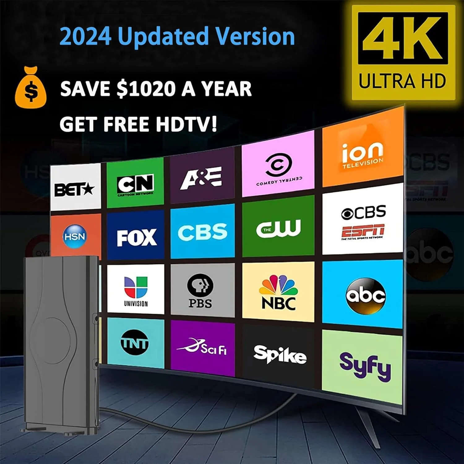 آنتن دوربرد 880+ مایل 2024، آنتن تلویزیون داخلی، آنتن دیجیتال برای تلویزیون هوشمند، آنتن HD برای تلویزیون داخلی برای تمام کانال های محلی تلویزیون 4K 1080p