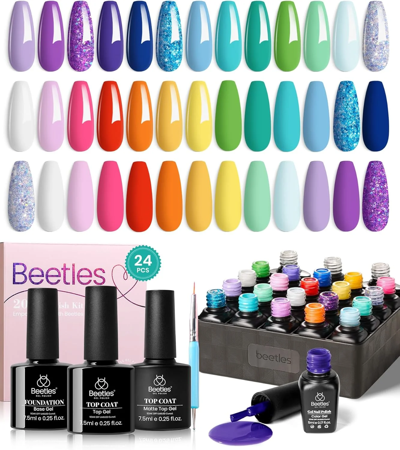 ست لاک ژل 23 عددی Beetles، مجموعه Unicorn، لاک ناخن خیسانده صورتی پاستلی زرد آبی بنفش سبز اکلیلی با پوشش پایه و رویه براق و مات