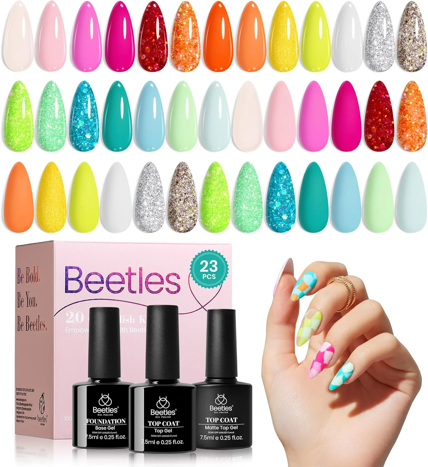 ست لاک ژل ناخن beetles - مجموعه 20 رنگ Diva of Divas صورتی جیغ زرد سبز اکلیلی با پوشش نهایی براق و مات و بیس کت، مناسب برای استفاده با دستگاه UV، رنگ های تابستانی برای طراحی ناخن در خانه