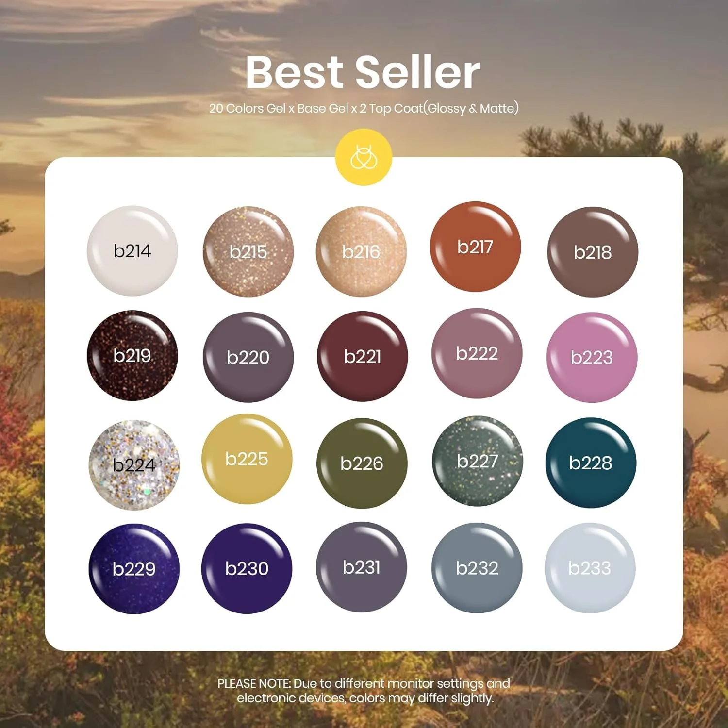 مجموعه لاک ژل 20 عددی بیلز - مجموعه آهنگ زمین، ست قهوه ای، سبز، پاییزی و زمستانی، رنگ های برهنه، بنفش، اکلیلی، براق، تاپ کت و بیس کت مات، خاکستری، زرد، طراحی ناخن، هدیه کریسمس با اشعه ماوراء بنفش