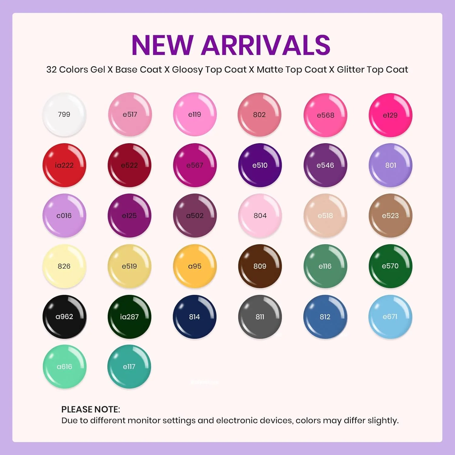 مجموعه لاک ژل پاییزه بیتلز، شامل ۳۲ رنگ لاک ژل در رنگ‌های بنفش، نارنجی، قرمز، قهوه‌ای، مشکی، سفید، آبی، نود و سبز مناسب تمام فصول به همراه بیس کت، تاپ کت براق، تاپ کت مات و تاپ کت اکلیلی، هدیه ای مناسب برای خانم ها