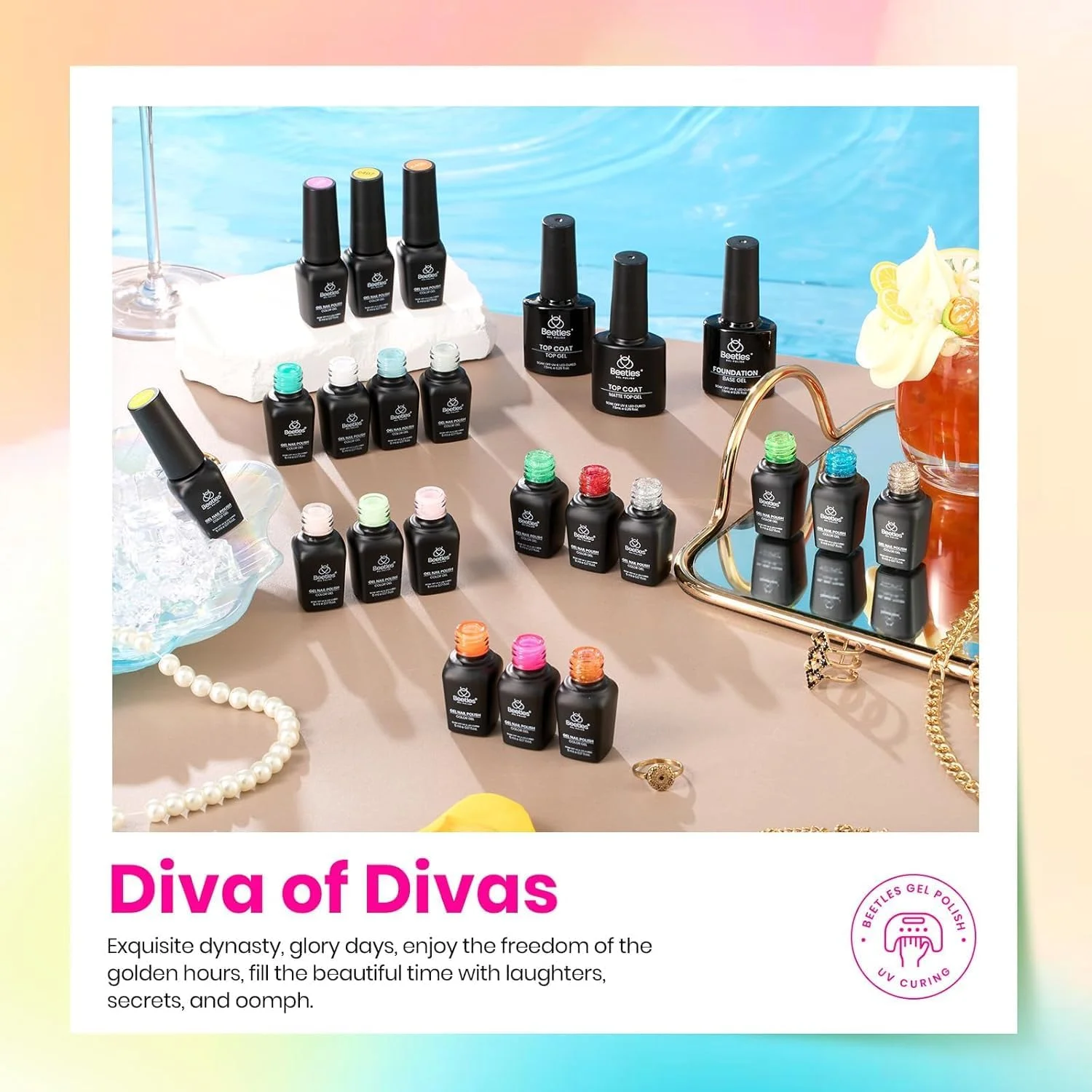 ست لاک ژل ناخن beetles - مجموعه 20 رنگ Diva of Divas صورتی جیغ زرد سبز اکلیلی با پوشش نهایی براق و مات و بیس کت، مناسب برای استفاده با دستگاه UV، رنگ های تابستانی برای طراحی ناخن در خانه