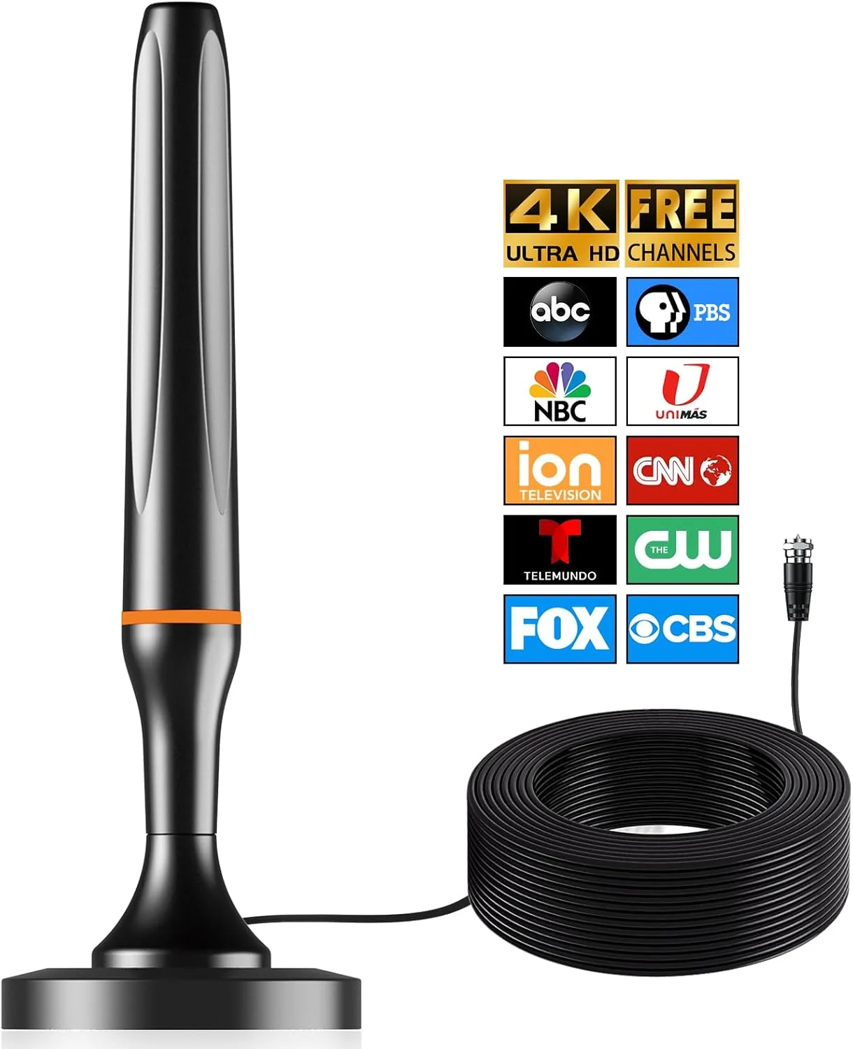 آنتن تلویزیون دیجیتال برای تلویزیون هوشمند داخلی، آنتن HDTV دیجیتال با گیرندگی 360 درجه برای کانال های محلی، پشتیبانی از 1080P و 4K، پایه مشکی-مغناطیسی