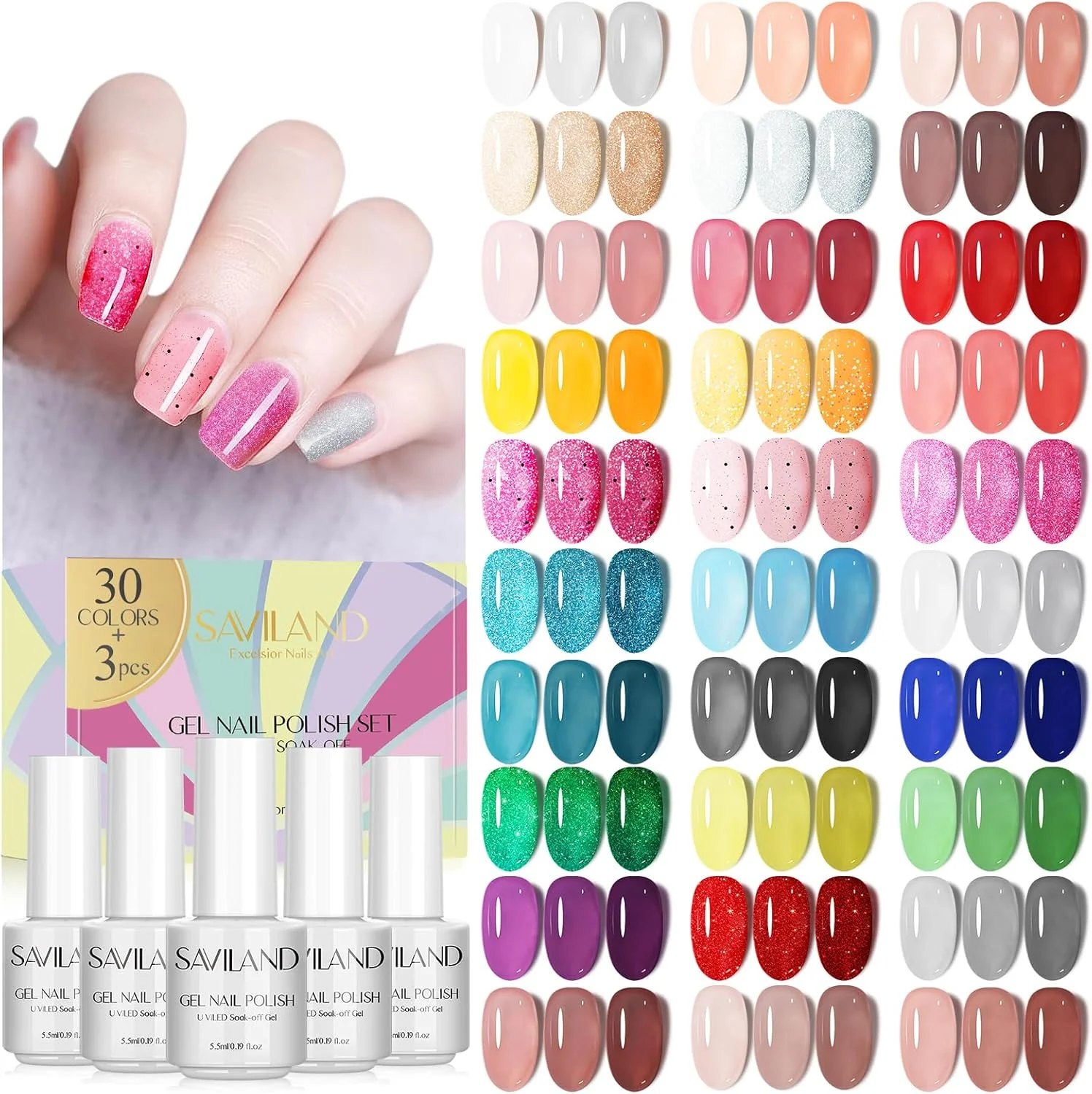 ست لاک ژل 33 عددی ساویلند – ست طراحی ناخن لاک ژل 30 رنگ با ژل بیس، تاپ براق و تاپ مات، ست مانیکور مبتدی برای سالن ناخن خانگی