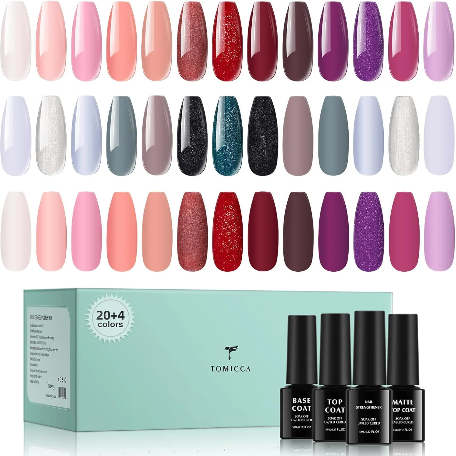ست لاک ژل 24 عددی تومیکا، کیت لاک ژل قرمز صورتی، ست لاک ژل اکلیلی قهوه ای بنفش آبی، لاک خشک کن LED، نیاز به بیس و تاپ کت و تاپ کت مات و تقویت کننده ناخن