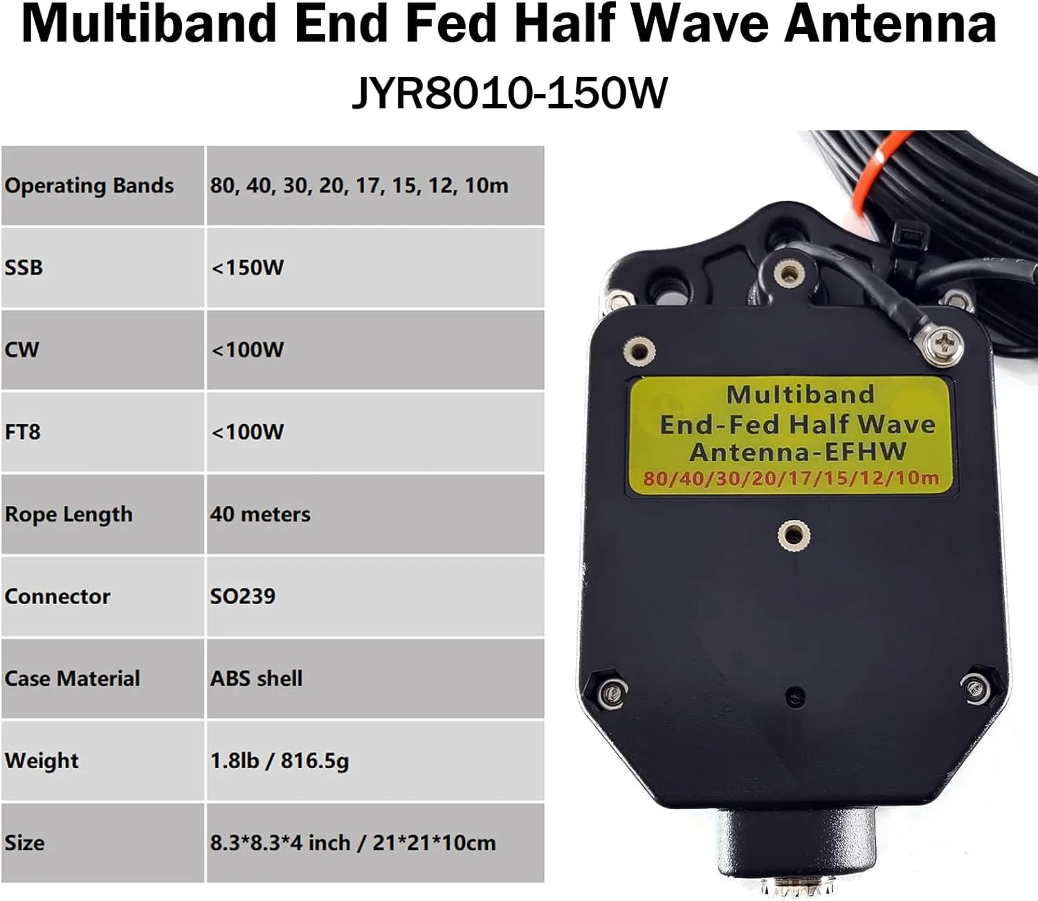 آنتن نیم موج تغذیه انتهایی JYR8010-150W، آنتن سیم بلند 8 باندی 10 متری 12 متری 15 متری 17 متری 20 متری 30 متری 40 متری 80 متری، بالون 1:64 بدون تنظیم آنتن نیم موج تغذیه انتهایی JYR8010-150W، آنتن سیم بلند 8 باندی 10 متری 12 متری 15 متری 17 متری 20 متری 30 متری 40 متری 80 متری، بالون 1:64 بدون تنظیم