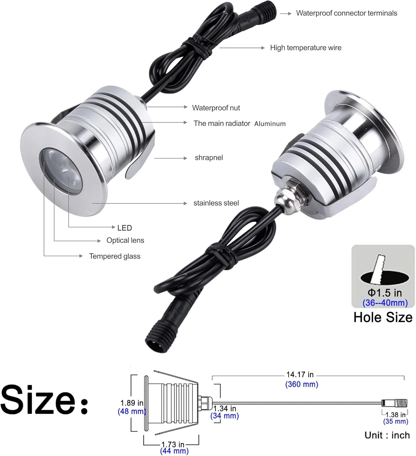 چراغ های استخری LED زیر آبی CNBRIGHTER، 3 وات، 12V-24V DC، ضد آب IP68، آلومینیوم فولاد ضد زنگ، برای استخرهای شنای داخل زمینی، پله ها، حوض ها، فواره ها (آبی)