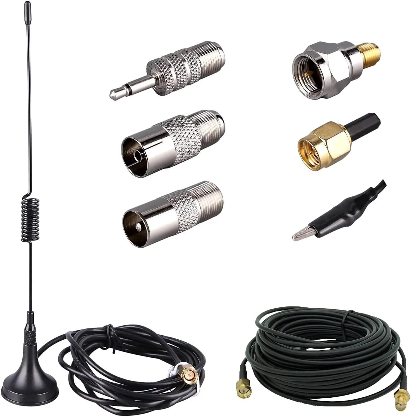 آنتن FM 75 اهم LACUCINO، آنتن FM بیرونی وای فای استریو تلویزیون داخلی، کابل آنتن فرستنده مغناطیسی با کانکتور SMA-Male 1.5 متری، کابل افزایش طول آنتن 5 متری با 6 عدد آداپتور آنتن