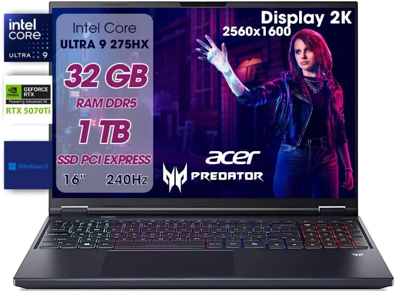 ایسر Predator Helios Neo 16 AI Pc Gaming، نوت‌بوک گیمینگ Ultra 9 275HX، رم 32 گیگابایت DDR5، اس‌اس‌دی 1 ترابایت PCIe، نمایشگر 16 اینچ WQXGA 240 هرتز، nVIDIA GeForce RTX 5070 Ti 12GB GDDR7، کیبورد گیمینگ لپ‌تاپ RGB، W11