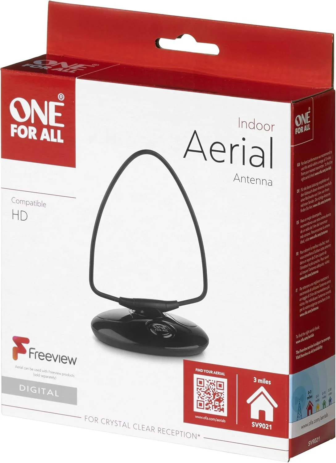 آنتن تلویزیون دیجیتال داخلی بدون تقویت کننده One For All - آماده دریافت سیگنال های تلویزیونی دیجیتال و آنالوگ در محدوده 3 مایلی - HD Ready - آنتن HDTV - UHF - مشکی - SV9021