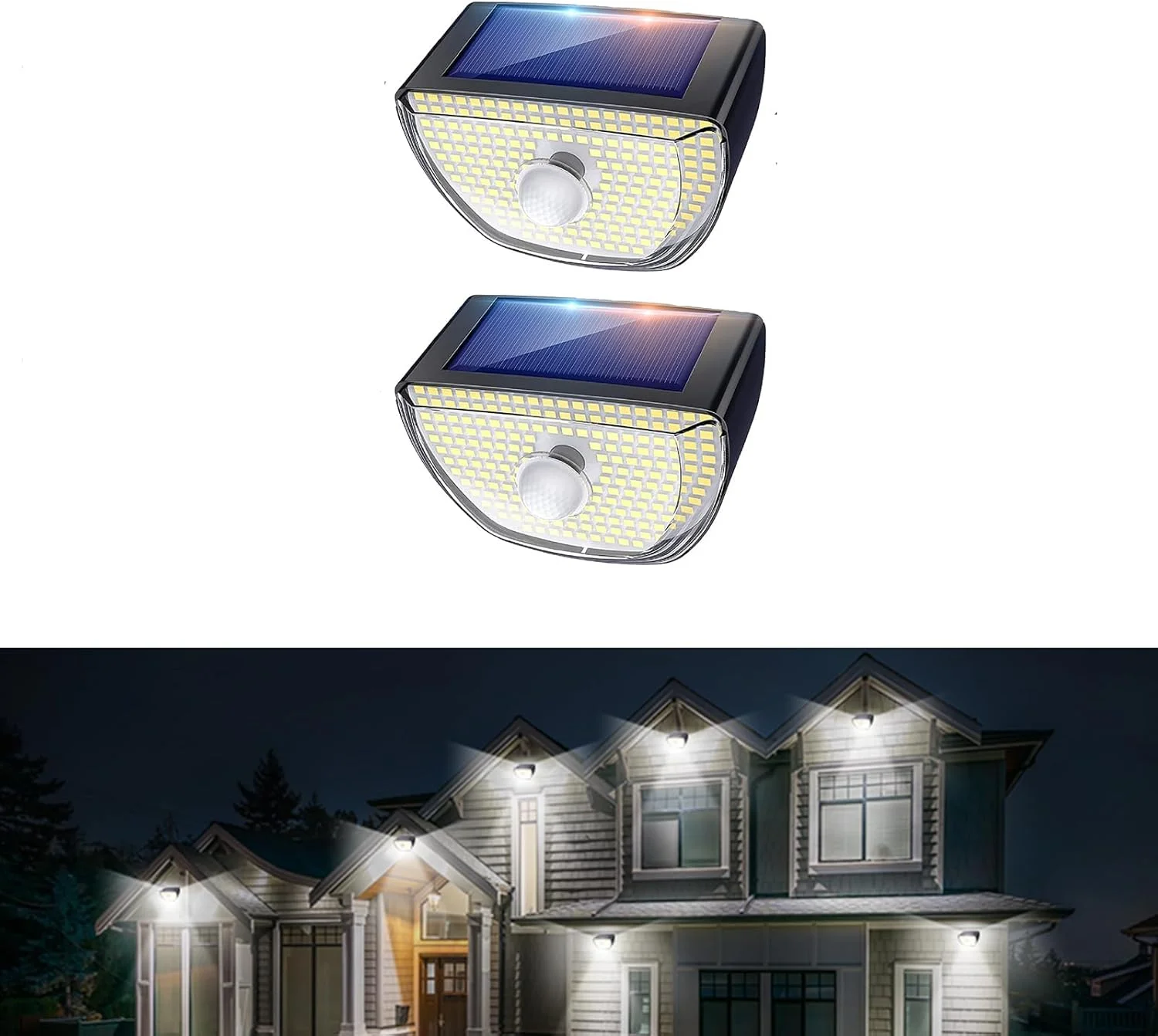 چراغ های خورشیدی فضای باز NALACAL، چراغ های دیواری خورشیدی حسگر حرکتی با 3 حالت روشنایی، 200 LED چراغ خورشیدی مناسب برای باغ، پاسیو، حیاط، حصار، عرشه، ضد آب IP65، بسته 2 عددی
