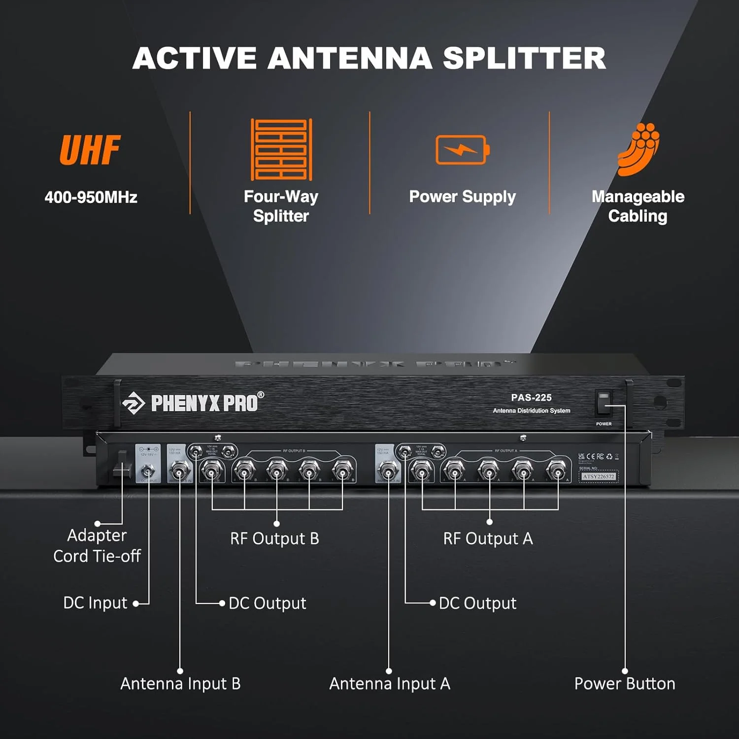 سیستم توزیع آنتن بی سیم UHF مدل Phenyx Pro PAS-225X، گیرنده های جهت دار فعال با 8 خروجی + 2 پورت متوالی، پوشش طولانی 150 فوتی، آنتن میکروفون