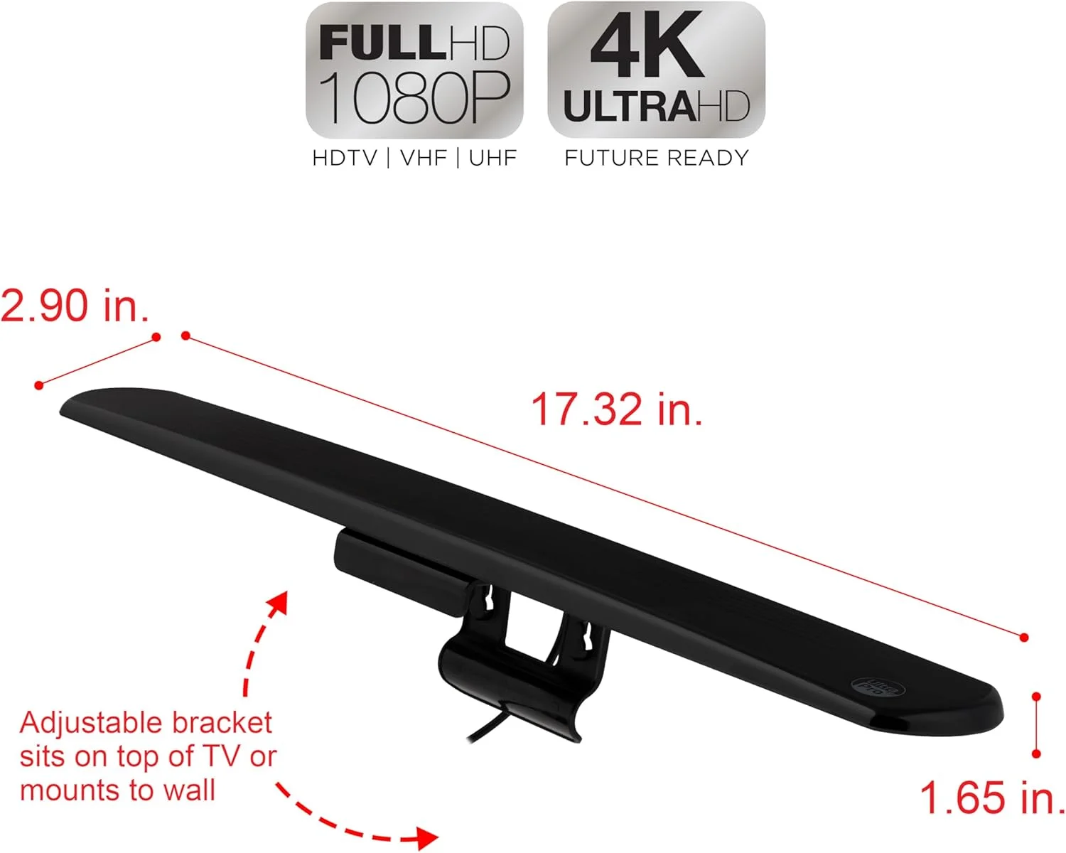 آنتن تلویزیون دیجیتال UltraPro داخلی برای تلویزیون هوشمند، کانال های محلی HD با برد بلند، نصب آسان در بالای صفحه، پشتیبانی از 4K 1080P HDTV VHF UHF، دریافت 360 درجه، 83713