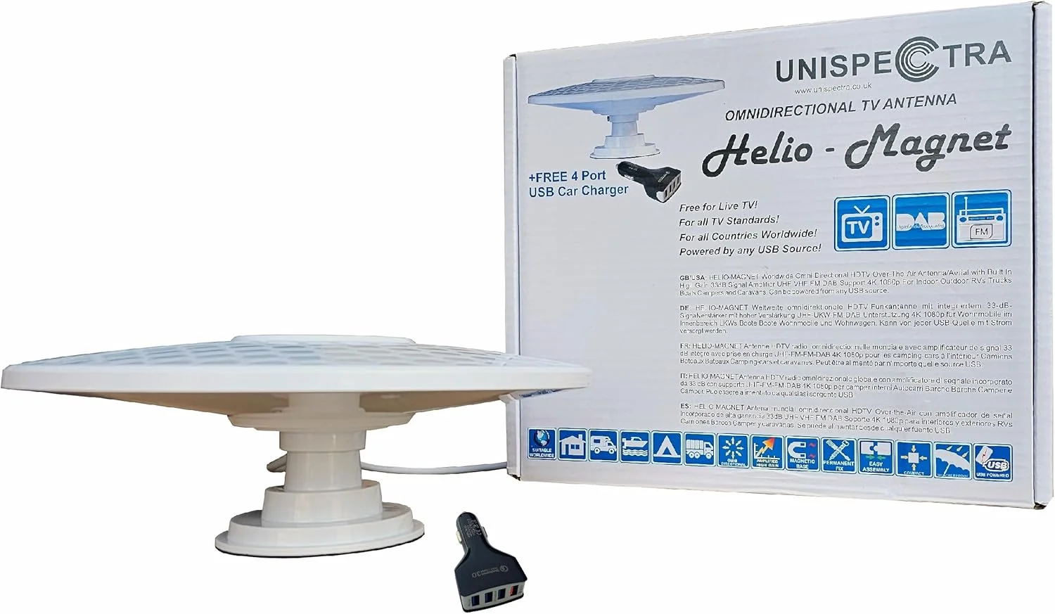 آنتن تلویزیون دیجیتال HD همه جهته 360 درجه Unispectra Helio-Magnet با برد بلند و تقویت کننده 33dB با بهره بالا. UHF FM DAB. با قابلیت تغذیه از طریق 12V / 24V / 5V USB. ایده آل برای RV، کامیون، تریلر، کمپینگ، کاروان و قایق