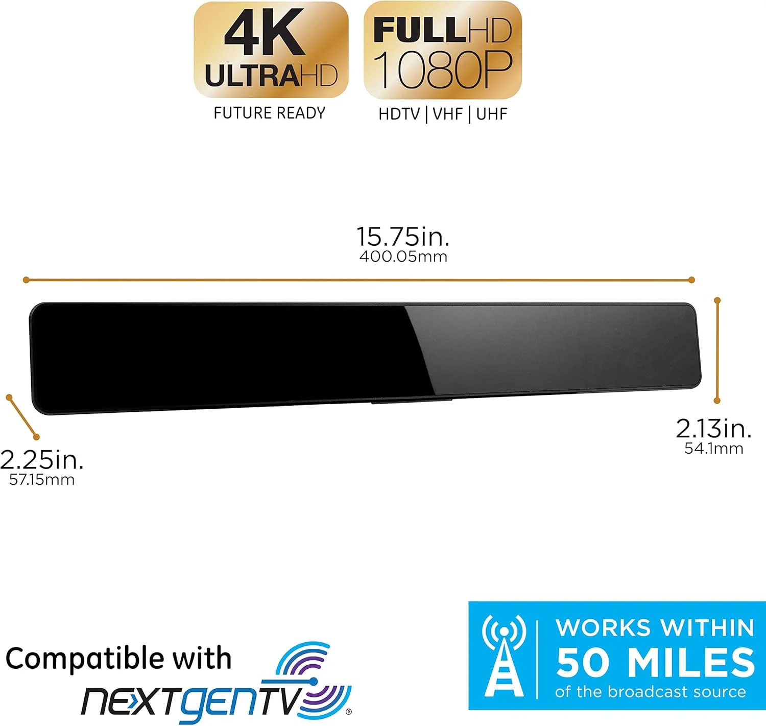 آنتن تلویزیون تقویت شده UltraPro، طراحی میله ای داخلی، برد بلند، پشتیبانی از 4K 1080P HD دیجیتال VHF UHF، آنتن داخلی تلویزیون هوشمند، تقویت کننده سیگنال، مشکی، 47331