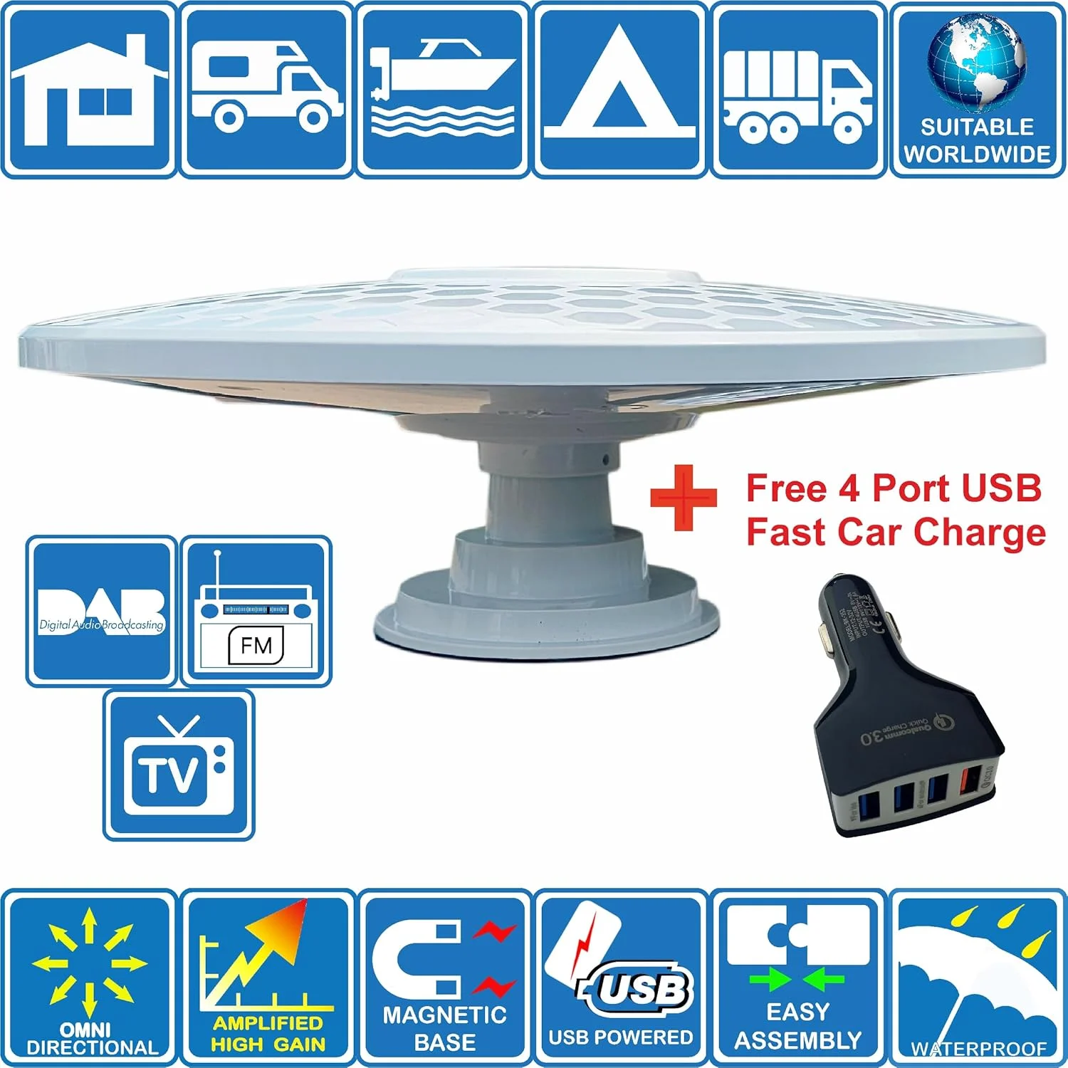 آنتن تلویزیون دیجیتال HD همه جهته 360 درجه Unispectra Helio-Magnet با برد بلند و تقویت کننده 33dB با بهره بالا. UHF FM DAB. با قابلیت تغذیه از طریق 12V / 24V / 5V USB. ایده آل برای RV، کامیون، تریلر، کمپینگ، کاروان و قایق