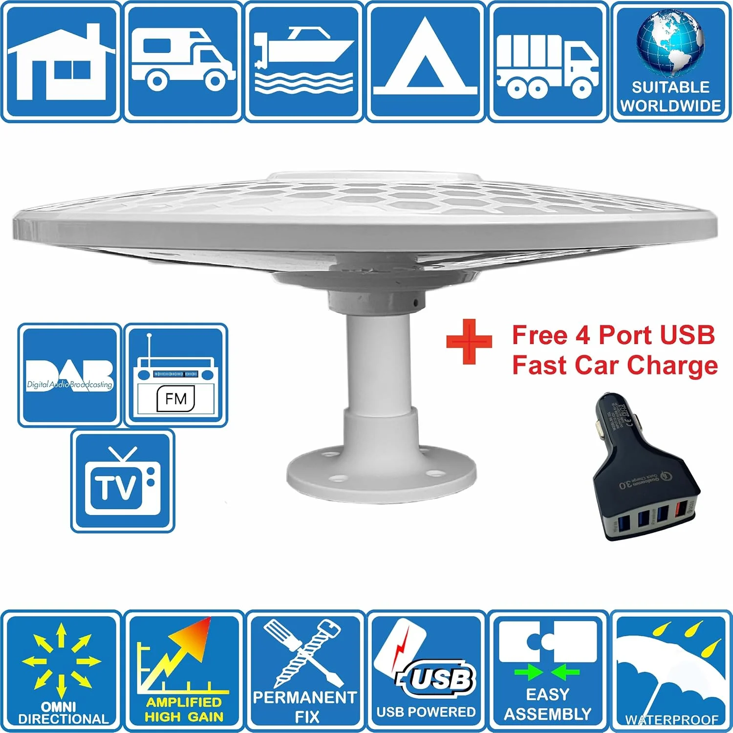 آنتن تلویزیون دیجیتال HD همه جهته 360 درجه Unispectra Helio-Magnet با برد بلند و تقویت کننده 33dB با بهره بالا. UHF FM DAB. با قابلیت تغذیه از طریق 12V / 24V / 5V USB. ایده آل برای RV، کامیون، تریلر، کمپینگ، کاروان و قایق