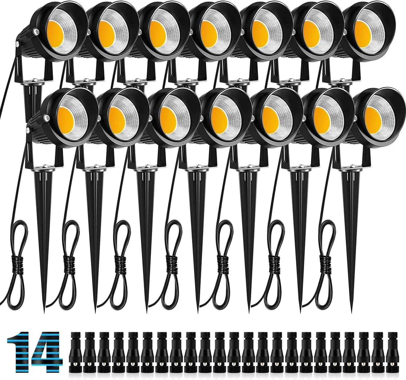 چراغ های محوطه ای 10 واتی ولتاژ پایین ZUCKEO، نورپردازی LED محوطه با اتصالات، چراغ های نقطه ای 12 ولتی فضای باز برای حیاط، باغ و مسیر، 1000 لومن نور سفید گرم ضد آب (بسته 14 عددی)