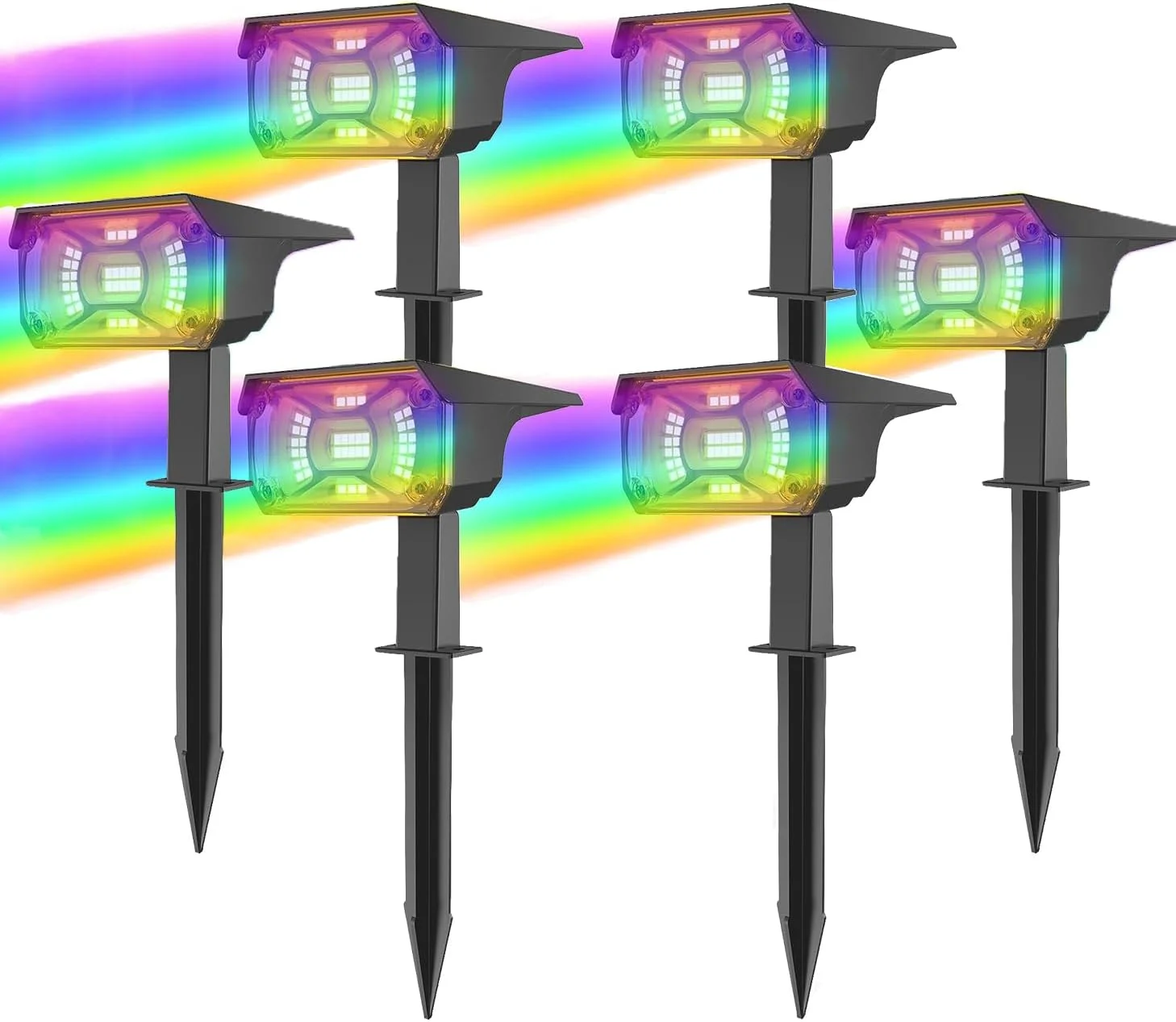 چراغ های خورشیدی باغی Xmart، ضد آب IP68، تغییر رنگ RGB، دارای 7 حالت نورپردازی، نورافکن منظره خورشیدی، مناسب برای حیاط، مسیر ماشین رو، روشن/خاموش خودکار، چراغ خورشیدی برای کریسمس، مناسب برای پیاده رو (6 عدد)