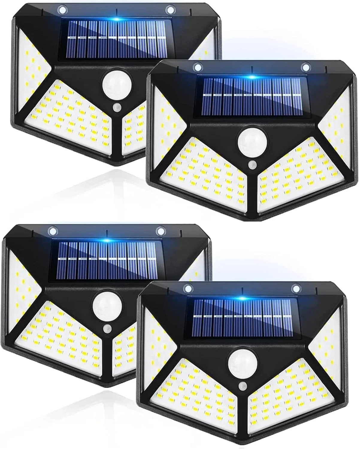 چراغ دیواری خورشیدی بیرونی Wishlink بسته 4 عددی، 100 LED با بازتابنده نور، زاویه باز 270 درجه، ضد آب IP65، چراغ های امنیتی حسگر حرکتی برای دیوار بیرونی، پاسیو، حیاط، گاراژ، عرشه، باغ