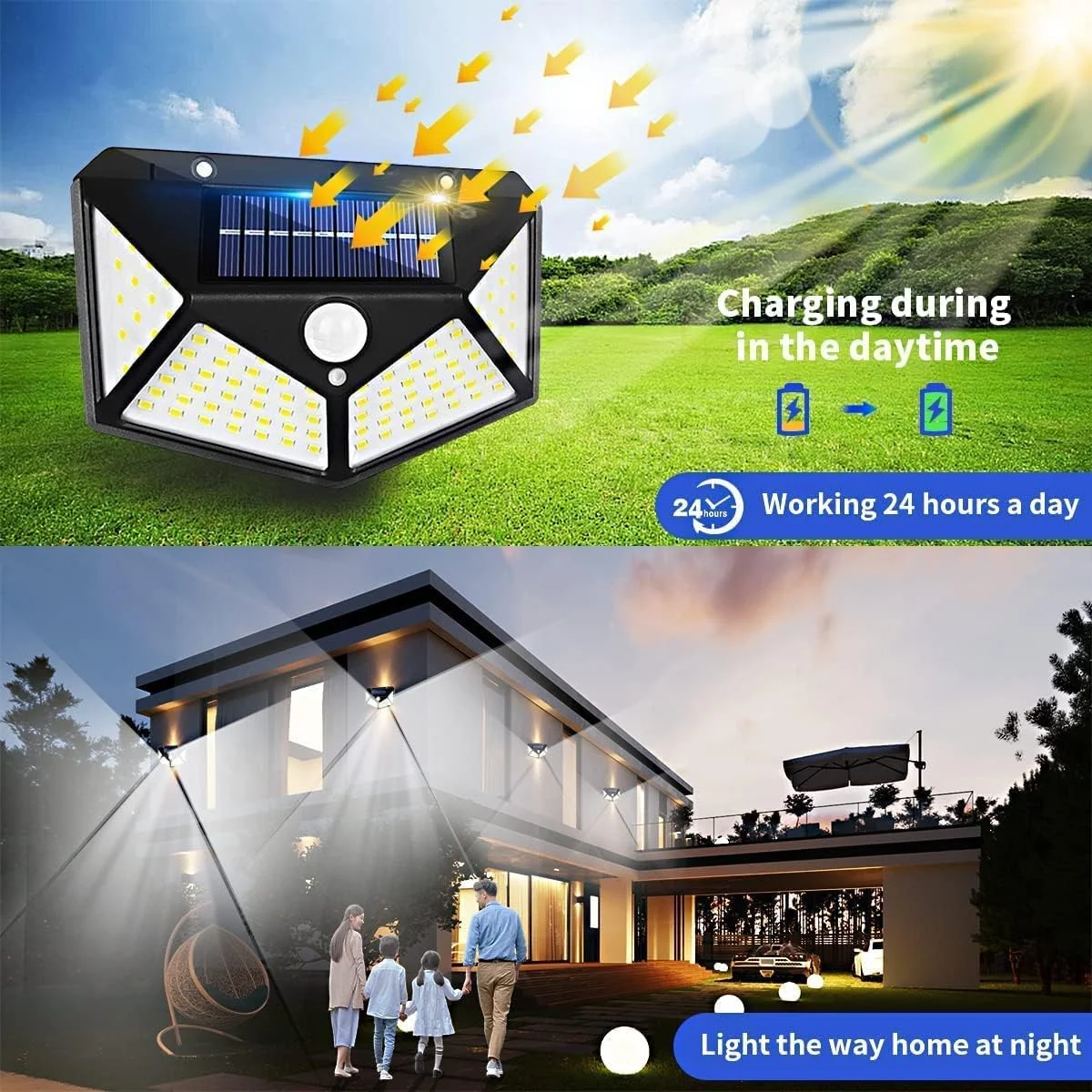 چراغ دیواری خورشیدی بیرونی Wishlink بسته 4 عددی، 100 LED با بازتابنده نور، زاویه باز 270 درجه، ضد آب IP65، چراغ های امنیتی حسگر حرکتی برای دیوار بیرونی، پاسیو، حیاط، گاراژ، عرشه، باغ