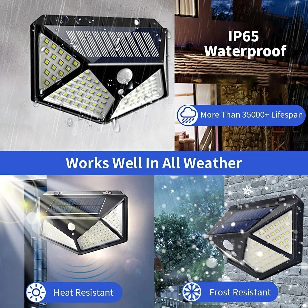 چراغ دیواری خورشیدی بیرونی Wishlink بسته 4 عددی، 100 LED با بازتابنده نور، زاویه باز 270 درجه، ضد آب IP65، چراغ های امنیتی حسگر حرکتی برای دیوار بیرونی، پاسیو، حیاط، گاراژ، عرشه، باغ