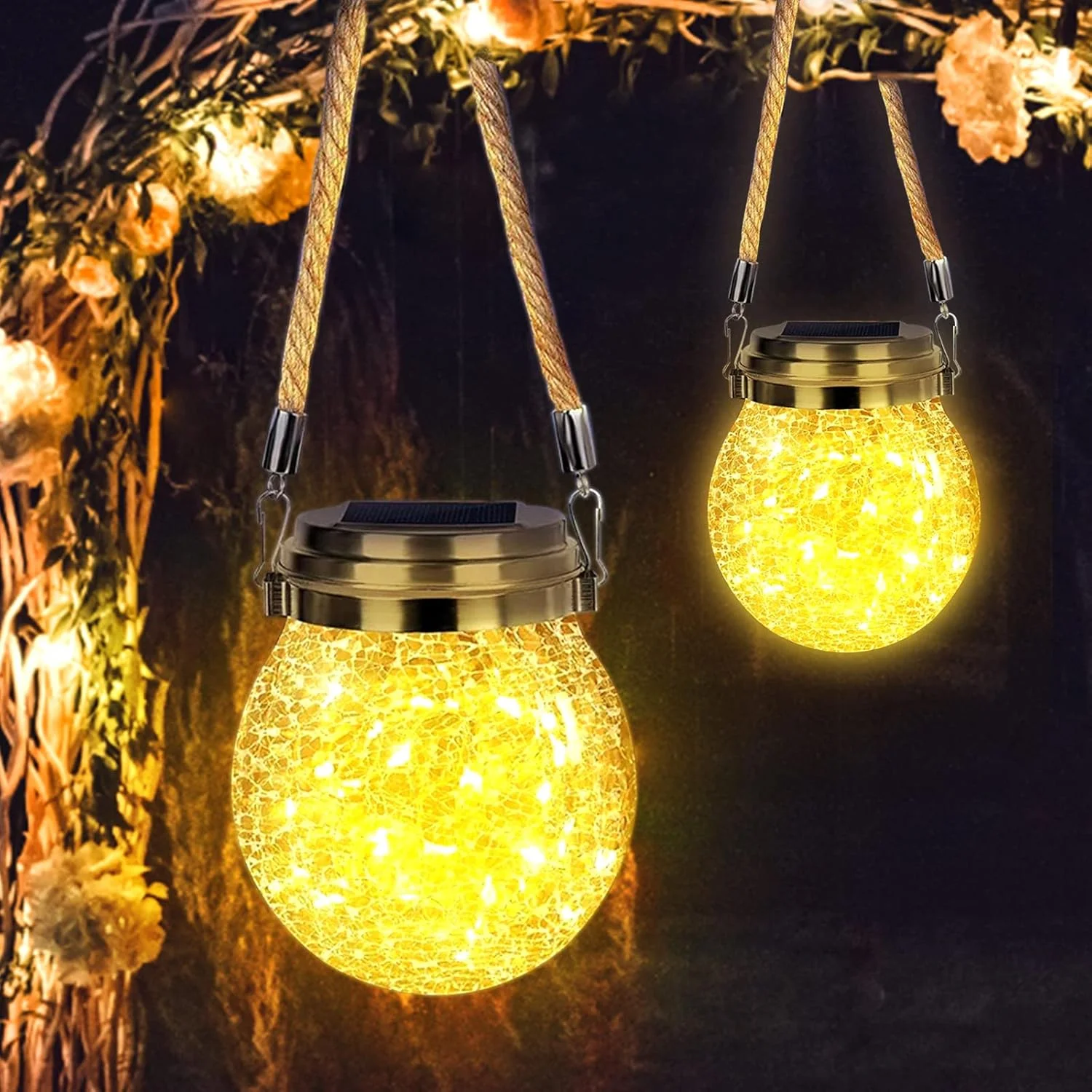 فانوس خورشیدی WIND STAR، بسته 2 عددی، چراغ های خورشیدی آویز با 30 LED، ضد آب، چراغ های خورشیدی تزئینی، توپ شیشه ای ترک دار برای حیاط خلوت، میز، عرشه، حیاط، پاسیو و...
