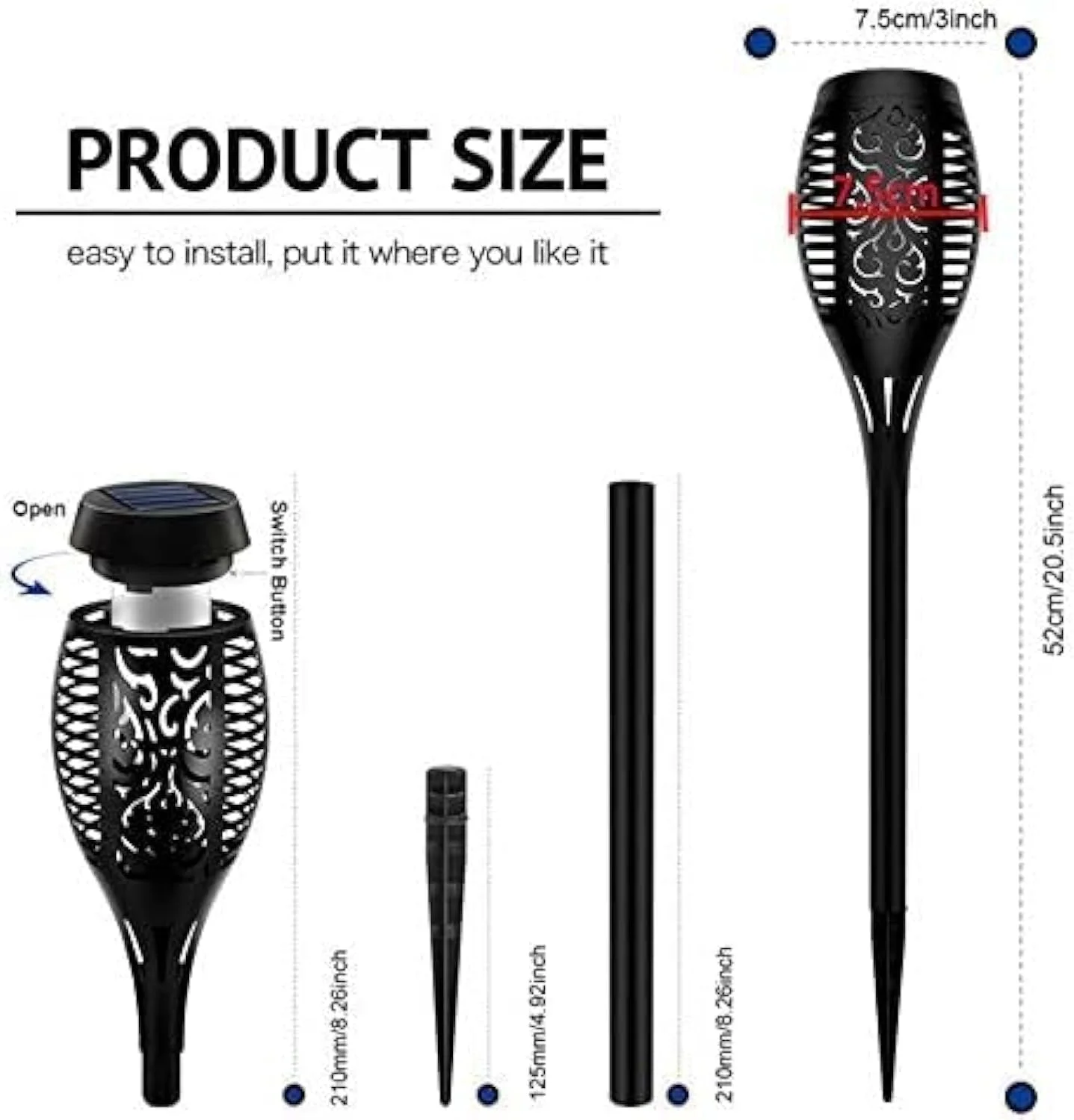 چراغ خورشیدی LED ضد آب با شعله سوسوزن، چراغ مشعل خورشیدی، چراغ باغی، دکوراسیون منظره فضای باز، چراغ چمن باغ. (تک بسته)