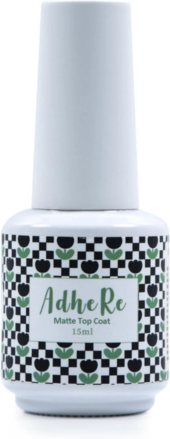 لاک ژل تاپ کت مات ADHERE، حجم 15 میلی لیتر، بدون نیاز به تمیز کردن، با پوشش مات بادوام برای طراحی ناخن، مناسب برای سالن های آرایشی و استفاده خانگی