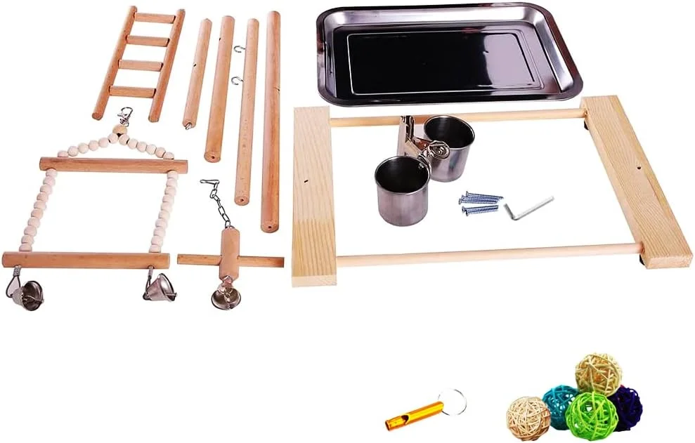 پایه بازی پرنده چند منظوره، زمین بازی قفس طوطی، باشگاه ورزشی، پایه تمرینی، با نردبان، فنجان غذاخوری، تاب، اسباب بازی های چوبی برای نژادهای کوچک