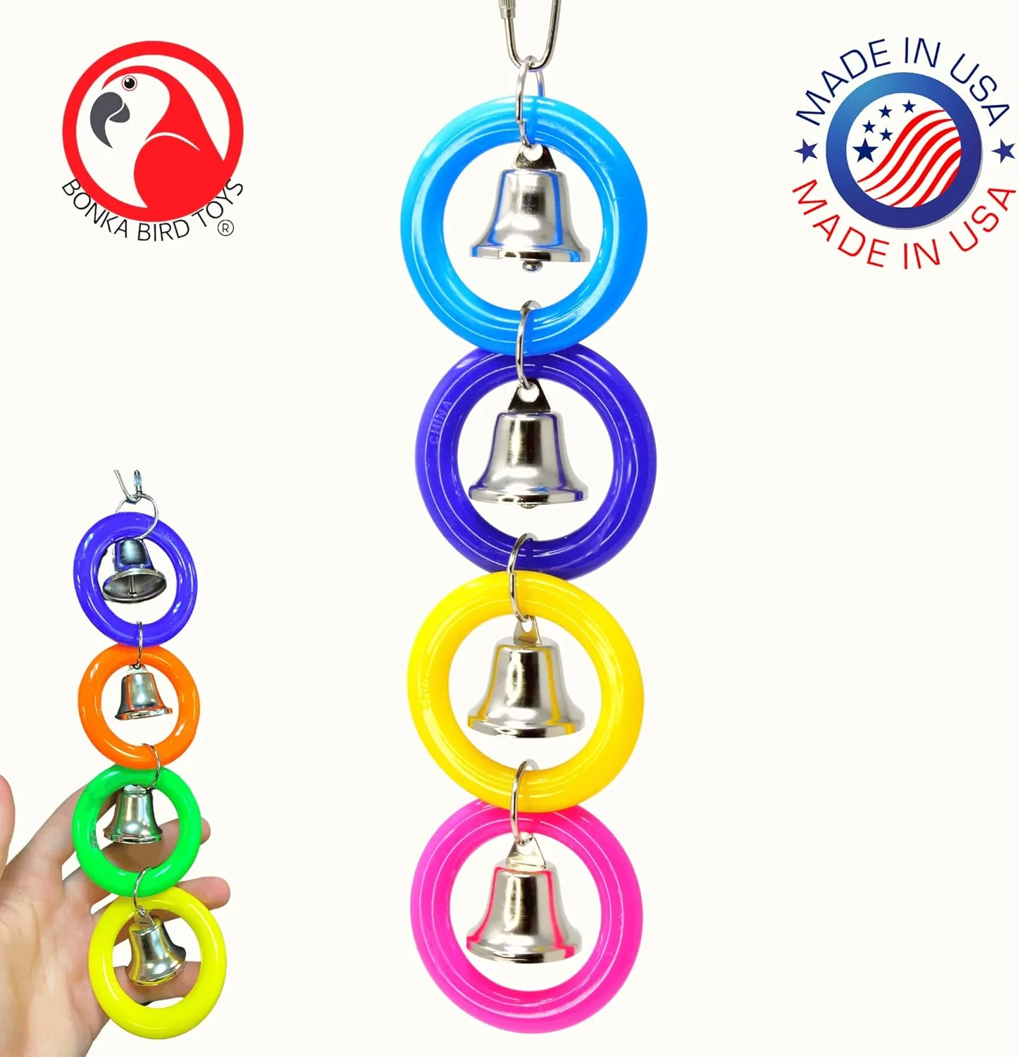 اسباب بازی پرنده بونکا مدل 945 چهار حلقه زنگوله ای، مناسب برای طوطی خاکستری آفریقایی، مرغ عشق، پاراکیت، عروس هلندی، قفس مرغ مینا و سایر پرندگان