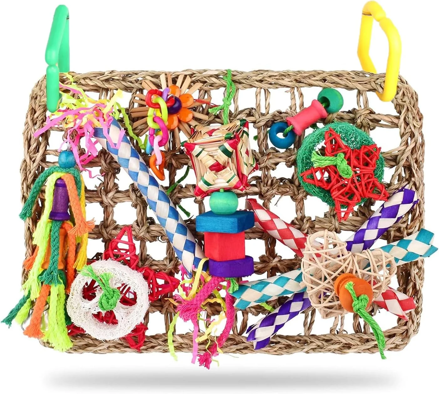 اسباب بازی پرندگان ماسرو، اسباب بازی دیواری جستجوی غذا برای پرندگان، حصیر نردبانی بافته شده از علف دریایی خوراکی با اسباب بازی های جویدنی رنگارنگ، مناسب برای مرغ عشق، فنچ، پاراکیت، مرغ باجریگار، کانور، عروس هلندی