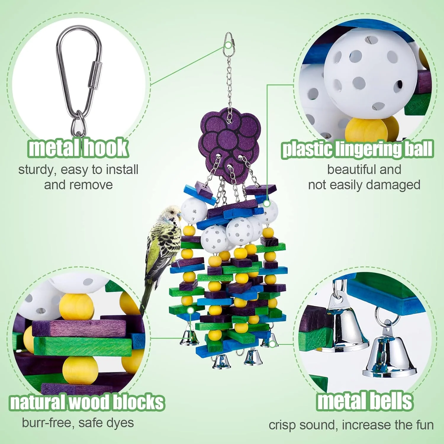 اسباب بازی بزرگ طوطی پرنده MEWTOGO با زنگوله - اسباب بازی جویدنی قفس طوطی با بلوک های چوبی رنگارنگ - اسباب بازی چوبی جویدنی طوطی برای کاکادو، خاکستری آفریقایی، ماکائو و طوطی آمازون (مدل انگور) اسباب بازی بزرگ طوطی پرنده MEWTOGO با زنگوله - اسباب بازی جویدنی قفس طوطی با بلوک های چوبی رنگارنگ - اسباب بازی چوبی جویدنی طوطی برای کاکادو، خاکستری آفریقایی، ماکائو و طوطی آمازون (مدل انگور)