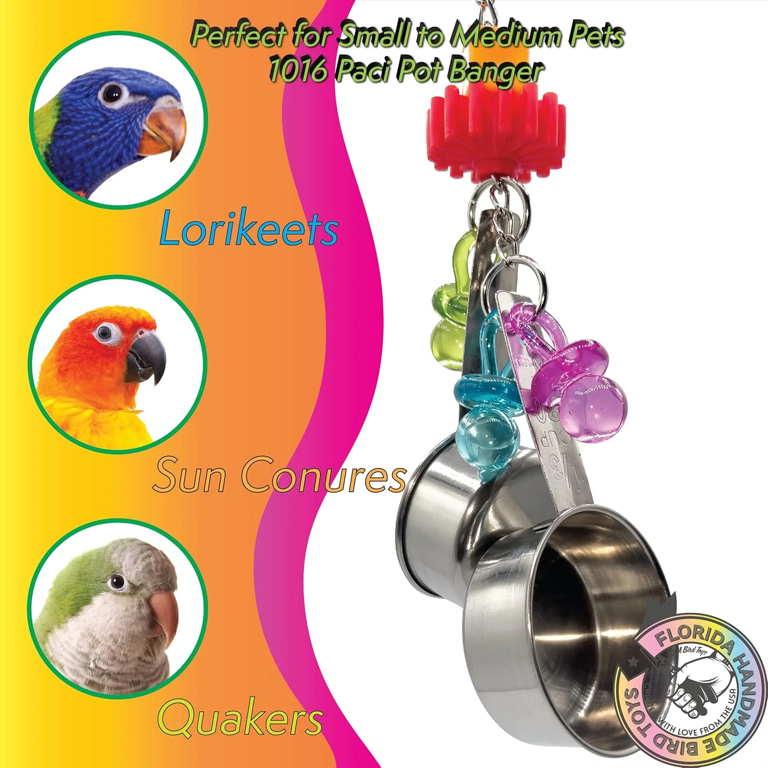 اسباب بازی پرنده مانداریان 1016 Paci Pot Banger M&M استیل ضد زنگ رنگارنگ بادوام دست ساز برای طوطی، عروس هلندی، گرینچیک، باجی، پاراکیت