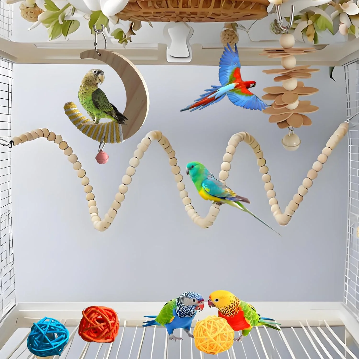 اسباب بازی های طوطی RuPeti برای طوطی های کوچک، مجموعه 3 عددی چوب طبیعی | با تاب پنبه ای، نردبان خم شو و اسباب بازی جویدنی برای مرغ عشق، عروس هلندی، مرغ مینا، پاراکیت | جویدن بی خطر در امارات