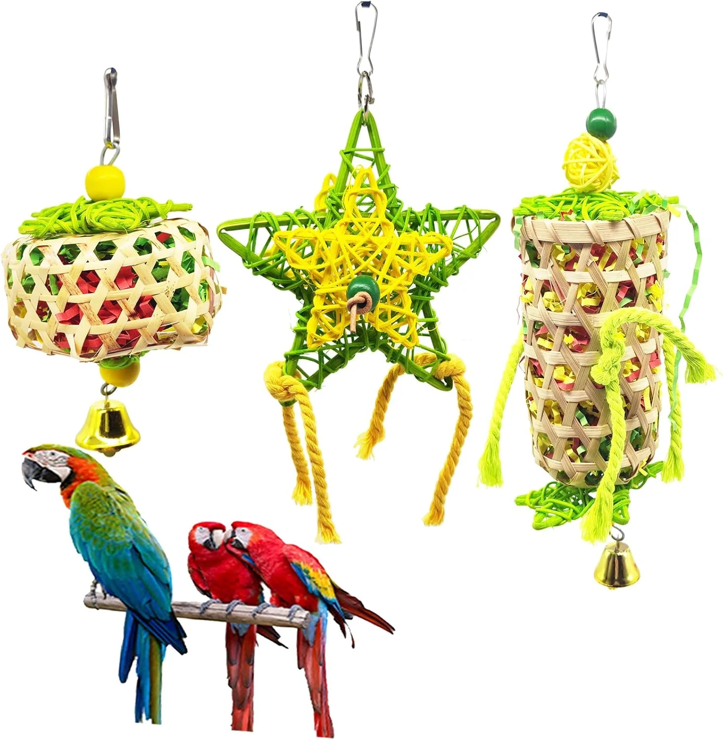 اسباب بازی های پرندگان YEVTAHT بسته 3 عددی، سبد خوراک جویدنی برای طوطی ها، اسباب بازی های کاغذی آویزان با زنگ برای طوطی برزیلی، عروس هلندی، خاکستری آفریقایی