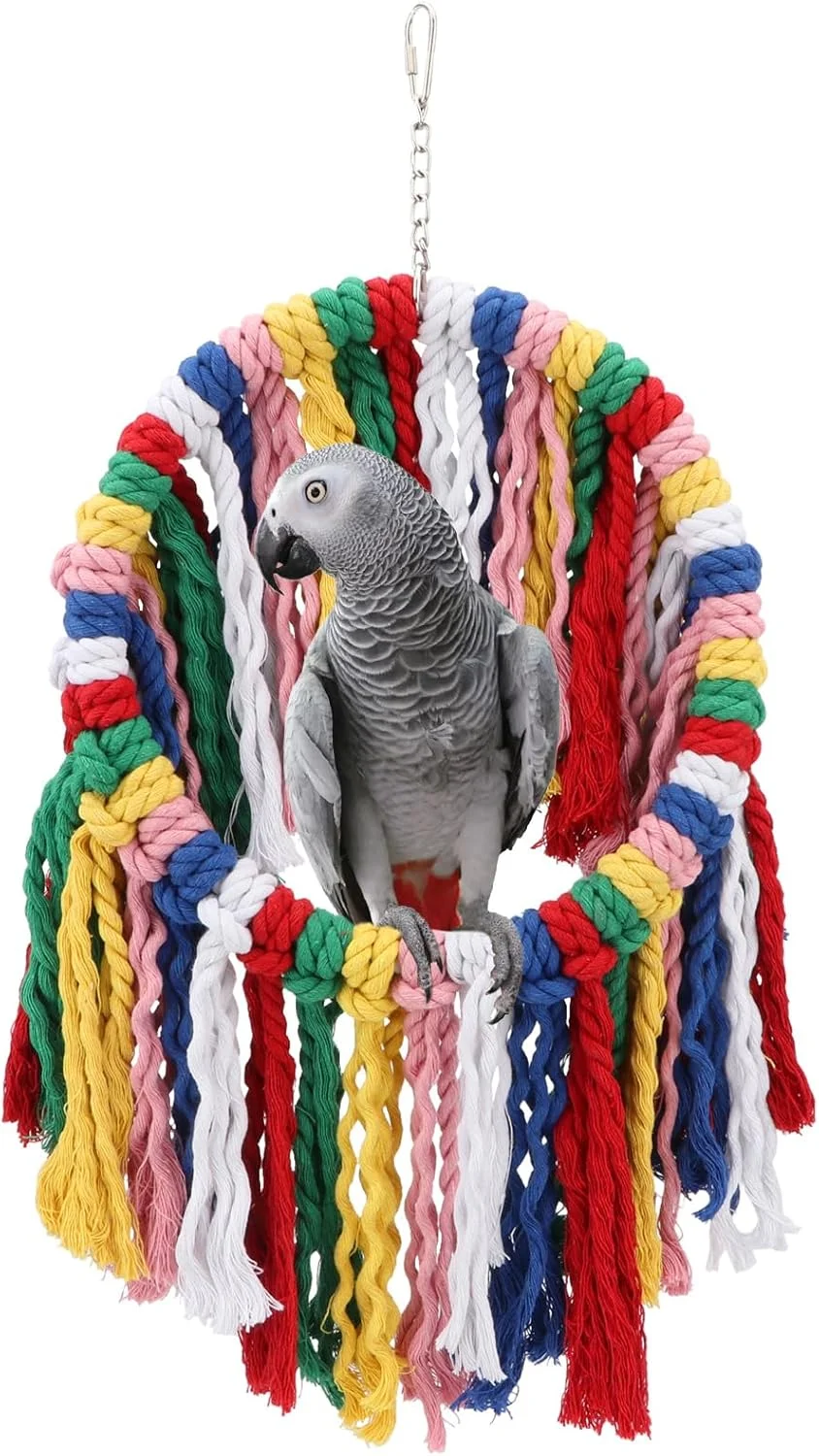 طناب جویدنی پرنده Wontee، اسباب بازی های گاز گرفتن قفس طوطی، حلقه آویز رنگارنگ، تاب، نشیمنگاه برای عروس هلندی، کانور، کوآکر، خاکستری آفریقایی، طوطی آمازون