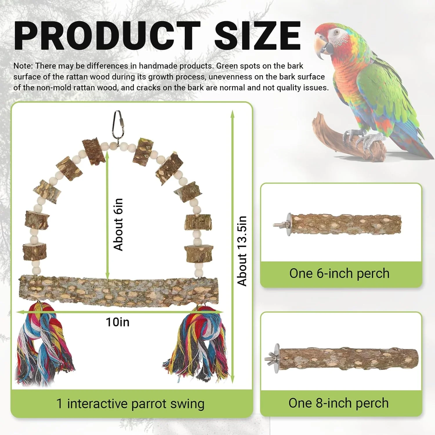 تاب چوبی پرنده WOKATFI، 1 عدد تاب چوبی طبیعی طوطی به همراه 2 عدد پایه نشیمن، اسباب بازی جویدنی پرنده، اسباب بازی آویز طناب طوطی، نگهدارنده پایه آموزشی برای مرغ عشق، عروس هلندی، مرغ باجریگار